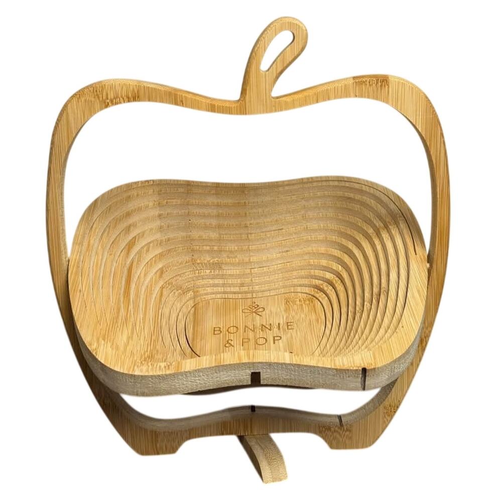 Bonnie & Pop NYC Natural Wooden Apple Shaped Collapsible Fruit Basket Trivet-EUC